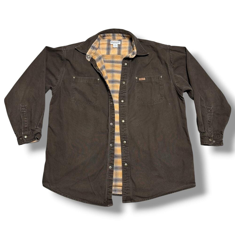 Carhartt S296 DKB Flannel Lined Canvas Shirt Jacket Shacket Brown Workwear XL
